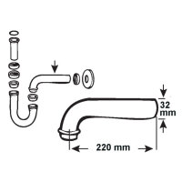 Wandrohr Siphon 11/4" L:220mm Chrom gebogen...