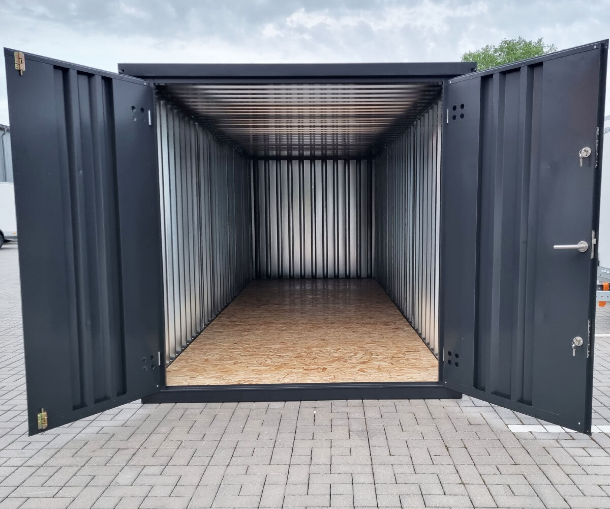 Container Mit Inliner 6m Lagercontainer anthrazit RAL 7021 mit Doppeltür & Doppelverriegelu ...
