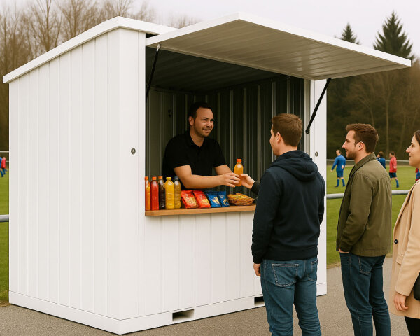 2m XXL Kiosk Container RAL 9010 Weiß mit großer Verkaufsklappe & Doppeltür