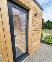 Sauna aus Lärche und Linde mit 9 kW Saunaofen WiFi-Kombisteuerung 220x220cm
