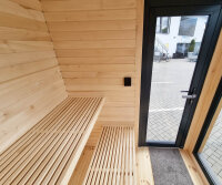 Sauna aus Lärche und Linde mit 9 kW Saunaofen WiFi-Kombisteuerung 220x220cm