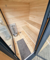 Sauna aus Lärche und Linde mit 9 kW Saunaofen WiFi-Kombisteuerung 220x220cm