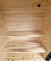 Sauna aus Lärche und Linde mit 9 kW Saunaofen WiFi-Kombisteuerung 220x220cm