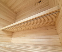 Sauna aus Lärche und Linde mit 9 kW Saunaofen WiFi-Kombisteuerung 220x220cm